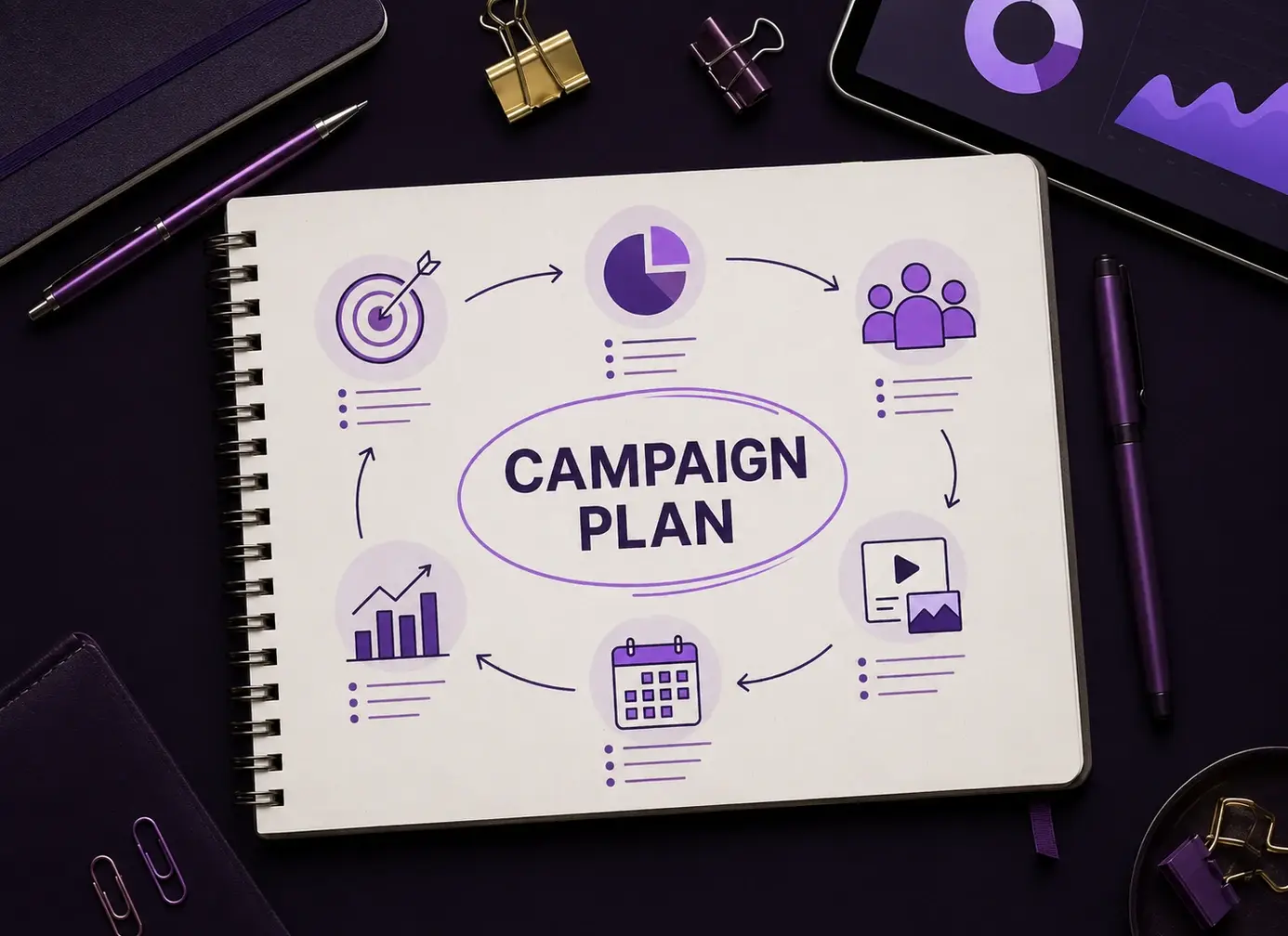 Campaign planning notebook showing advertising budget and social media campaign ideas